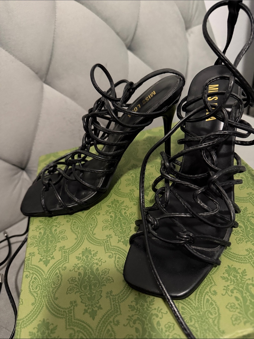 Black Lace-Up Strappy High-Heel Sandals